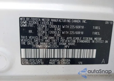 2019 Toyota Rav4 Hybrid Limited из США, поврежденный, VIN 2T3DWRFV9KW032824